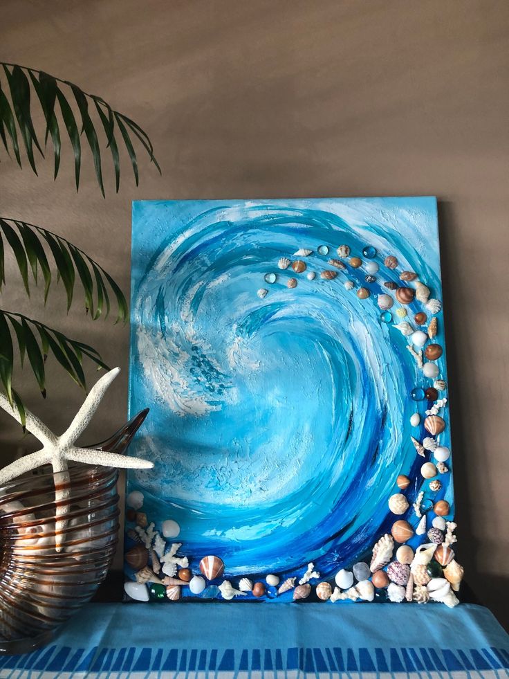 Bright blue colorful textured handmade original acrylic painting big ocean wave on canvas seashells corals sea glass vertical wall decor